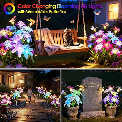 Garpar Solar Lily Lights with Swaying Butterflies, Upgraded Garden Solar Lights Outdoor Decorative, Waterproof Color Changing Garden Decor for Outside Yard Lawn Pathway Gift for Mom Women Grandma