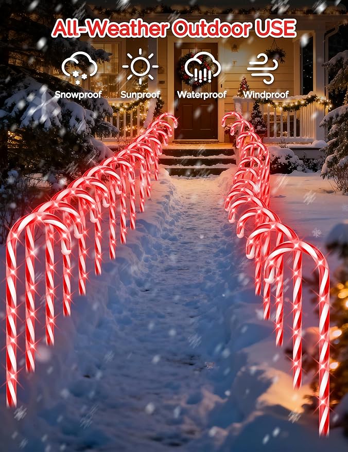 COOLWUFAN 24 Pack Solar Christmas Candy Cane Lights Outdoor Decorations, Christmas Pathway Lights with 168 Warm Lights, Waterproof Xmas Decor Marker Lights for Yard, Garden, Walkway, Lawn