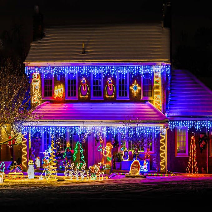 Icicle lights Outdoor - 66ft Christmas Lights with 640LED 120 Drops 8 Modes, Plug in Curtain String Lights Waterproof for Holiday Wedding Party Home Garden Bedroom Indoor Outdoor Decoration, Blue