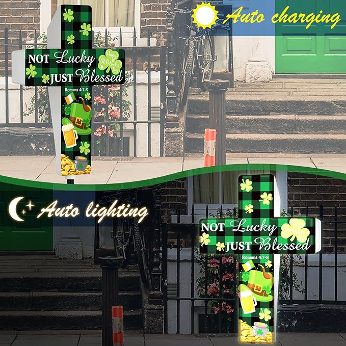 St. Patrick's Day Solar Stake Lights Outdoor Memorial Garden Stake Cross for Grave Cemetery Buffalo Plaid Rustic Farmhouse Shamrock Garden Decor Solar Cross for Patio Pathway Decoration