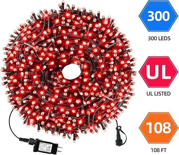 105FT 300LEDs Christmas Lights Outdoor Indoor 8 Modes for Christmas Tree Party Decoration, 100% UL Listed (Red, 105 | Lumora