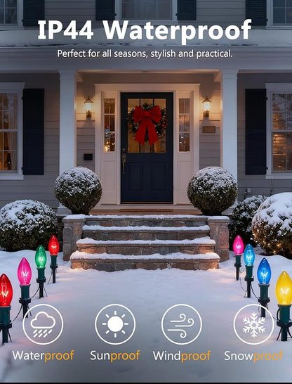 C9 Christmas Pathway Lights Outdoor, 38Ft Vintage Christmas Decorations String Lights with 27 C9 Multicolor Bulbs and 25 Stakes, Outside Walkway Lights for Driveway Sidewalk Yard Path Xmas Decor