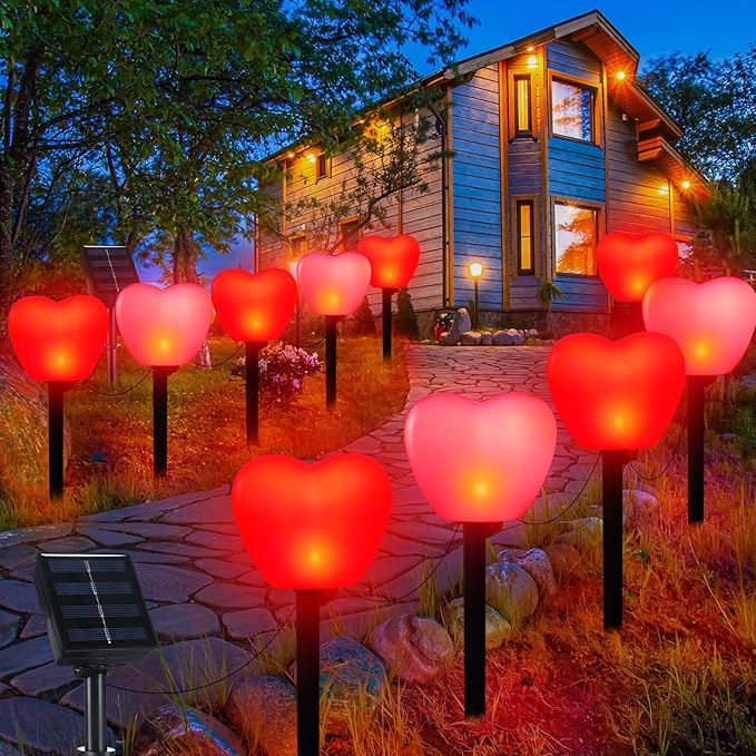 VIHOSE 12 Pack Solar Red Heart Stake Lights for Valentines Day Decor, Valentine's Day Solar Outdoor Waterproof Heart Shaped Pathway Light for Walkway Patio Garden Porch Party(Red, Pink)