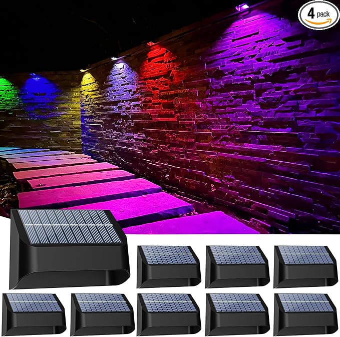 Solar Fence Lights, Warm White & RGB Fence Lights Outdoor Step Lights Outdoor Waterproof LED Solar Lighting for Outside, Backyard, Patio, Deck, Stair Handrail, Pool and Wall(8 Pack,Black)