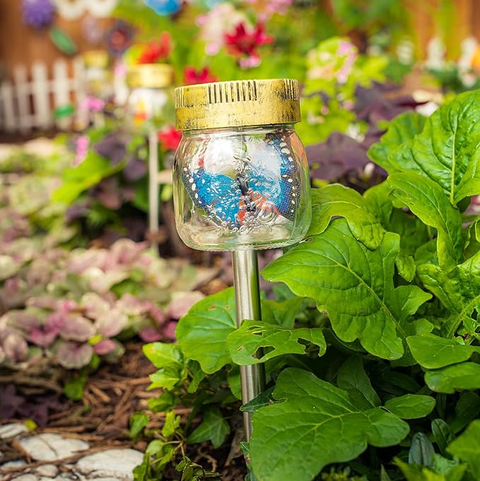 Crosslight Solar Butterfly Jar Stake Light | 3 Pack Waterproof Glass Outdoor Garden Décor | LED Decorative Light Fixture for Yard, Lawn, Backyard, Pathway | Solar Outdoor Lights Decorative