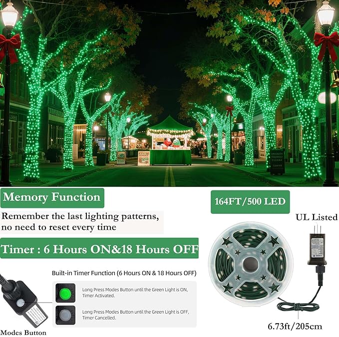 Tcamp 164FT 500 LED Green Christmas Lights, 8 Modes Christmas Tree Lights with Timer Memory Function, Green Wire Starry Fairy String Light for Xmas Tree Outdoor Indoor Decor