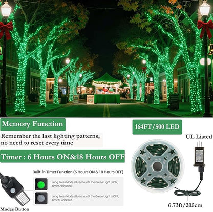 Tcamp 164FT 500 LED Green Christmas Lights, 8 Modes Christmas Tree Lights with Timer Memory Function, Green Wire Starry Fairy String Light for Xmas Tree Outdoor Indoor Decor