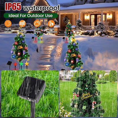 Solar Christmas Tree Light Outdoor Decoration, 31Inch Solar Tree Lights with 30 LED 8 Flashing Modes Decorated Prelit Gift Boxes & Ornaments for Pathway Patio Yard Garden Cemetery, 2PCS