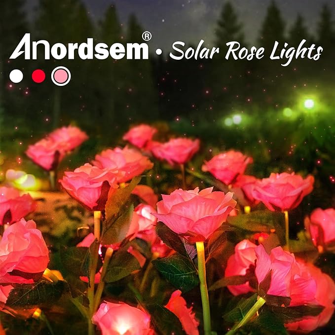 Anordsem Solar Garden Lights Outdoor: 10 Artificial Fabric Pink Roses Flowers 2 Pack- LED Flower Decorations for Cemetery Grave Pathway Yard- Birthday Gifts for Women, Wife and Mother