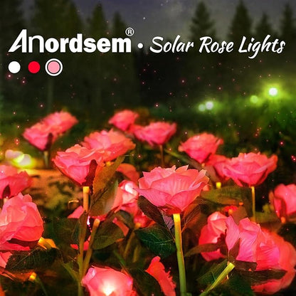Anordsem Solar Garden Lights Outdoor: 10 Artificial Fabric Pink Roses Flowers 2 Pack- LED Flower Decorations for Cemetery Grave Pathway Yard- Birthday Gifts for Women, Wife and Mother