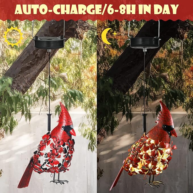 Cardinal Solar Lights Hanging Decoration Garden Outdoor Decor Metal Gifts Waterproof for Yard Front Porch Lawn Driveway Patio Backyard Pathway Gardening Lanterns Gift