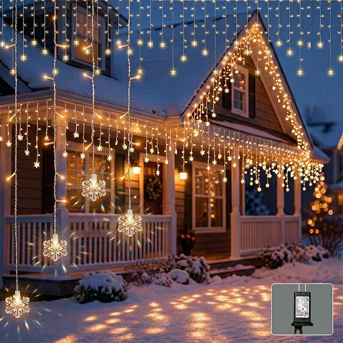 Icicle Lights for Outside 180 LED 26.5ft 30 Drops Icicle Christmas Lights Outdoor Snowflake with 8 Mode Function Curtain String Lights Indoor for Patio Garden Bedroom (no Remote, 1)