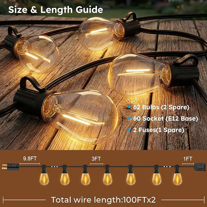 S11 LED Outdoor String Lights 200FT, Shatterproof & Waterproof Patio Lights with 62 Plastic Bulbs for Porch, Deck, Garden, Backyard, Balcony, 2700K Dimmable