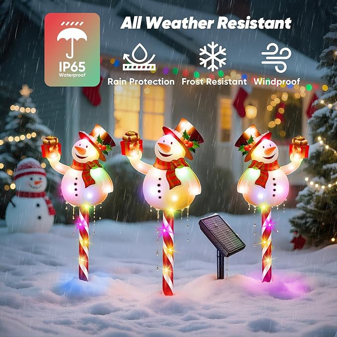 Solar Christmas Decorations Outdoor: Set of 5 Snowman Pathway Lights with Candy Cane Stakes - 10 Modes Waterproof Solar Powered Holiday Yard Decor for Garden Lawn Walkway - Gifts for Women Men