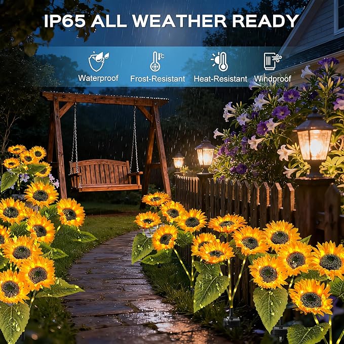3 Pack Solar Garden Lights Outdoor, 2 Lighting Modes Warm White LED Waterproof Solar Powered Sun Flowers Landscape Light for Outside Yard, Patio, Pathway Decorative, Décor, Gifts