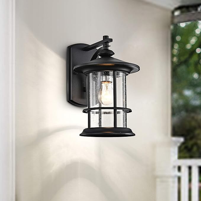 MICSIU 12.5" Textured Black Outdoor Wall Sconce 2 Pack, Large Exterior Light Fixtures with Clear Seedy Glass, Waterproof Anti-Rust Wall Mount Lantern for House, Porch, Garage, ETL Listed