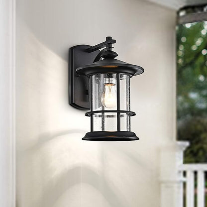 MICSIU 12.5" Textured Black Outdoor Wall Sconce 2 Pack, Large Exterior Light Fixtures with Clear Seedy Glass, Waterproof Anti-Rust Wall Mount Lantern for House, Porch, Garage, ETL Listed