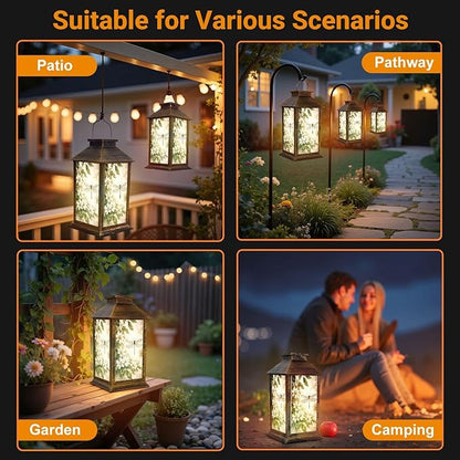 Solar Lantern Outdoor Waterproof Vintage Dragonfly Botanical Retro Dragon Fly Leaves White Flowers Garden Decor LED Solar Lights Hanging/Tabletop Lamp Gifts for Women Mom for Outside Yard Patio