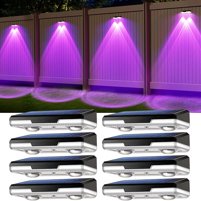 Solar Fence Lights Outdoor Waterproof Led, Fixed Colors/Color Changing/3000K, 50 Lumens Fence Lights Solar Powered for Wall/Patio/Outside/Post/Yard/Stair, Auto ON/Off Deck Lighting (8 Pack)