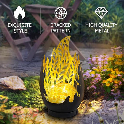 Huaxu Solar Lights Outdoor Decor Waterproof Metal Cracked Glass Globe with Gray Flame Effect, Table Decorations LED Lamp Gift for Garden Lovers Mom Women Patio Lawn Yard Pathway Outside