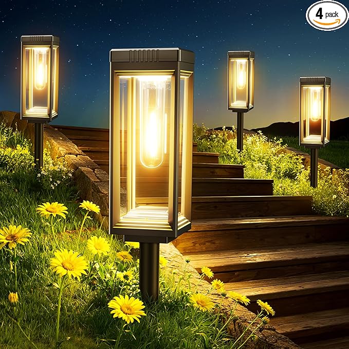 WdtPro Bright Solar Pathway Lights Outdoor, 4 Pack Solar Powered Garden Lights Waterproof, Auto On/Off Outdoor Lighting for Lawn Patio Walkway Driveway Path Yard Decor