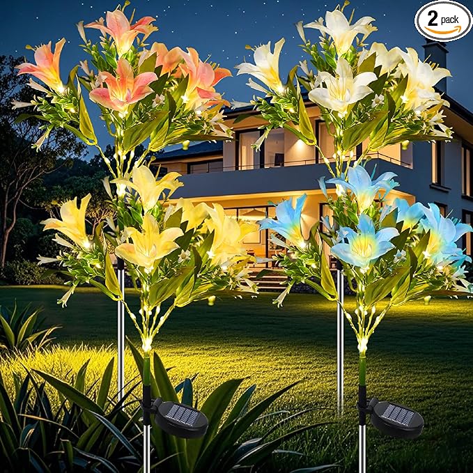 Solar Flower Lights Outdoor, 4 Pack Solar Powered Garden Lights with 28 Lily Flowers, Waterproof Pathway Lights for Outside Yard Patio Decor (Yellow, Blue, White, Pink)