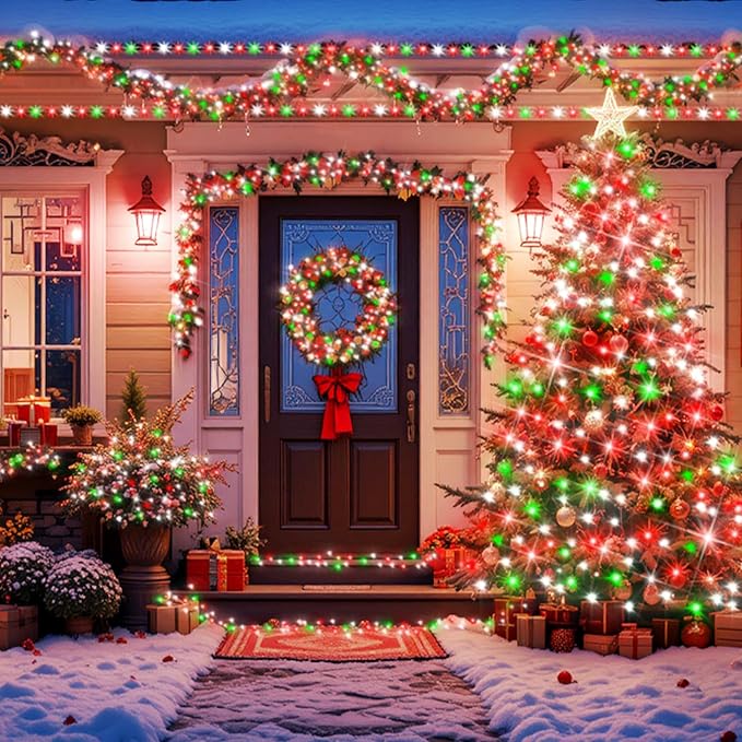 XURISEN 403FT 1000 LED Christmas Lights Outdoor Green Wire String Lights 8 Modes with Timer Memory Waterproof Fairy Light Plug in for Xmas Tree Wedding Yard Party Holiday Decorations(Red+Green+White)