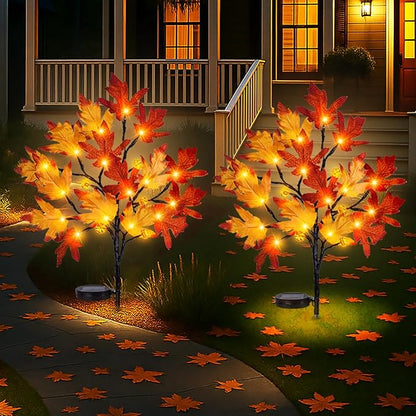 Fall Solar Pathway Lights 2PCS, Autumn Outdoor Harvest Decorations, Waterproof Maple Leaves Lights for Lawn Yard Garden Patio Walkway Driveway Porch Landscape Lighting Auto On/Off