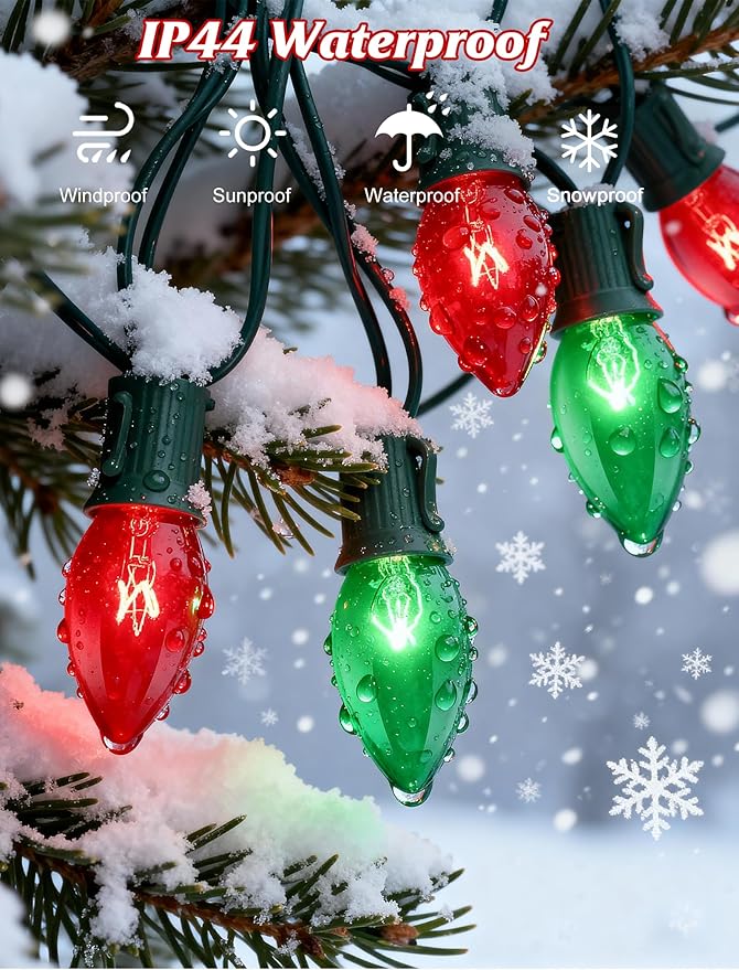 25FT Red and Green Christmas Lights, C9 Waterproof Red Green Outdoor Light with 26 Bulbs (1 Spare), Shatterproof Hanging String Lights for Home Garden Yard Xmas Tree Decorations