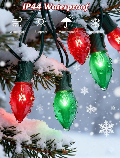 25FT Red and Green Christmas Lights, C9 Waterproof Red Green Outdoor Light with 26 Bulbs (1 Spare), Shatterproof Hanging String Lights for Home Garden Yard Xmas Tree Decorations