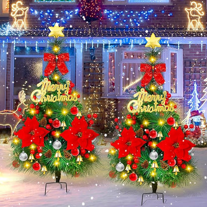 2 Pack 30 inch Solar Xmas Tree Light Outdoor Tree with 30 LED Lights, Pinecones, Star and Bells, Waterproof Christmas Pathway Light Solar Christmas Decorations for Yard Garden Lawn Walkway