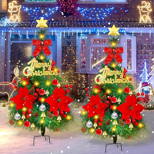 2 Pack 30 inch Solar Xmas Tree Light Outdoor Tree with 30 LED Lights, Pinecones, Star and Bells, Waterproof Christmas Pathway Light Solar Christmas Decorations for Yard Garden Lawn Walkway