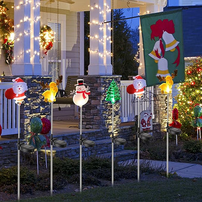 Glintoper 4 Pack Solar Christmas Figurine Lights, Outdoor Lighted Decorative Santa Claus, Snowman, Xmas Tree & Reindeer with Garden Stakes, Warm White LED Lighting Yard Stake for Path Lawn Patio Decor