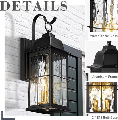 zeyu 17.2 Inch Exterior Black Light Fixture, 2-Light Outside Wall Light for House, Die-Cast Aluminum with Water Ripple Glass, Black and Gold Finish, 20071B2 BK+BG-WP