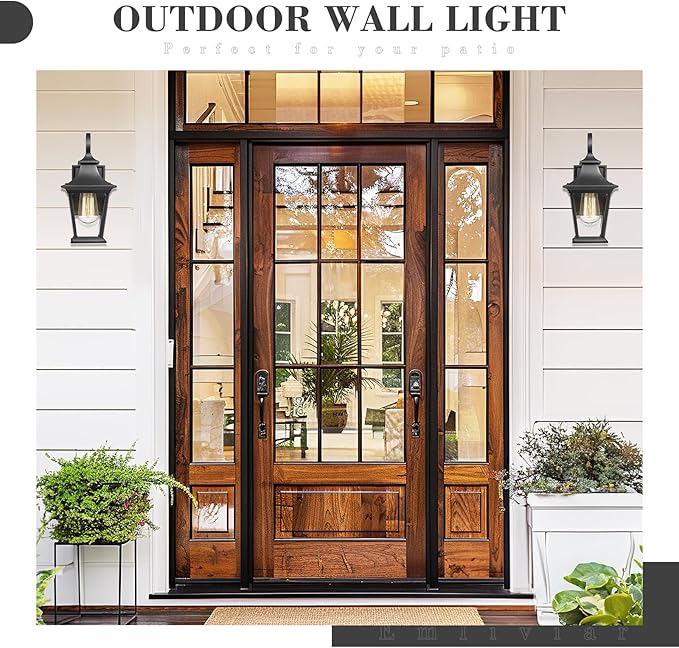 Emliviar Outdoor Wall Lights 2 Pack - Exterior Porch Lights Wall Mount in Black Finish with Clear Glass, XE219B-2PK | Lumora