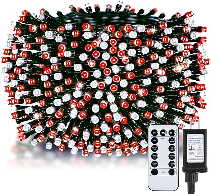 Minetom 328 Ft 1000 LED Christmas Tree Lights Outdoor Indoor String Lights with 8 Modes Waterproof Twinkle Xmas Light with Remote, Plug in Rice Lights for Tree Christmas Decorations, Red & Cool White
