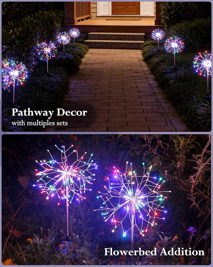 Solar Garden Lights Outdoor Yard Decorations, 2 Pack 150Leds Pathway Lights Stake, Fairy Firework Light for Garden, Patio, Pathway, Flowerbed Multicolor