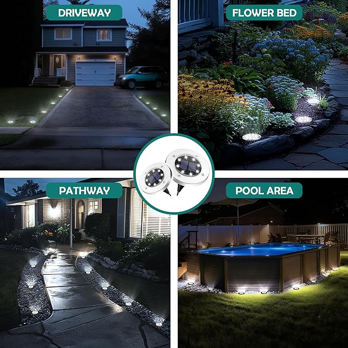 16 Pack Solar Lights Outdoor, 8 LED Solar Powered Ground Lights Waterproof Garden Landscape Lighting for Yard Deck | Lumora
