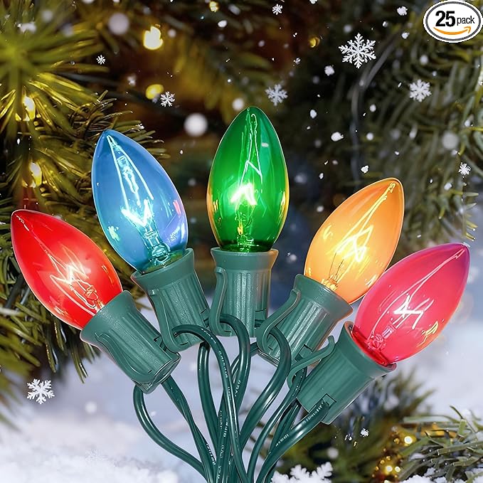 C9 Multicolor Christmas Lights, 25Ft Transparent Multicolor String Lights with 26 Clear Glass Bulbs (1 Spare), Hanging Vintage Christmas Lights String for Indoor Outdoor Christmas Tree Garden Party