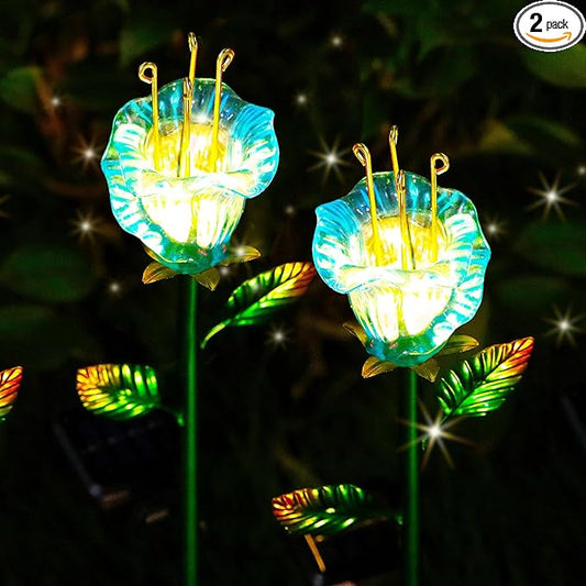 Garden Solar Stake Lights Outdoor, 2 Pack Solar Powered Metal Stake Lights with Blue Bell Glass Lily LED Decorative Garden Lights for Walkway,Pathway,Lawn, Courtyard