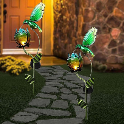 TERESA'S COLLECTIONS Glass Flower Bird Pathway Solar Outdoor Light for Garden Decor, 39'' Tulip and Hummingbird Metal Decorative Stakes Yard Art for Lawn Patio Porch Decorations, Gifts for Mom