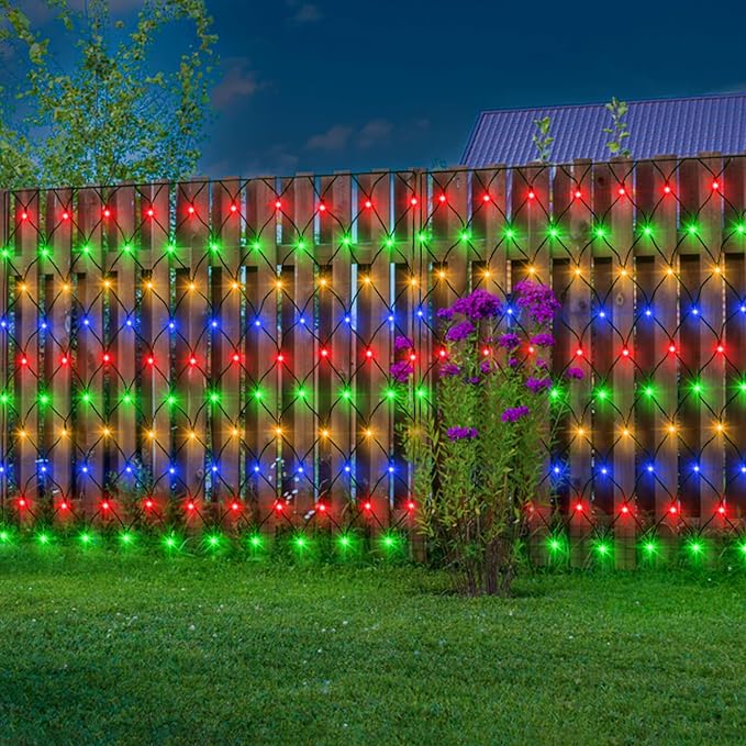 echosari Solar Powered Net Lights, 200 LED 9.8Ft x 6.6Ft Bush net Lights Dark Green Wire Auto On/Off 8 Modes for Bushes Shrubs Lawn Decor (Multicolor)