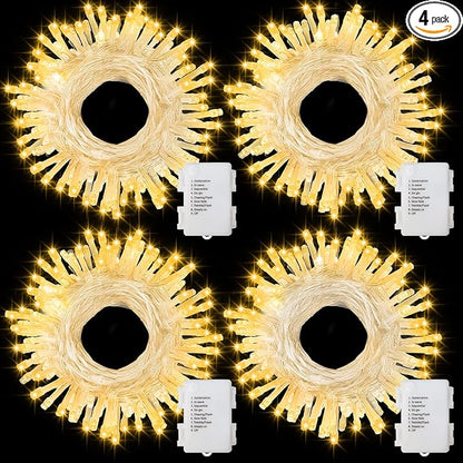 4 Pack Battery Christmas Light String 16.5Ft 50 LED Clear Wire Sting Lights Christmas Tree Wrapped Lights Timer 8 Modes Auto On/Off Christmas Fairy Lights for Indoor Outdoor Patio Wreath Garden Deck