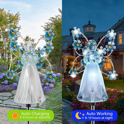 Solar Garden Lights, Solar Angel Garden Stake Lights Outdoor Waterproof, Angel Solar Lights Outdoor Garden Decor, LED Angel Decorative Lights for Cemetery Grave Yard, Memorial Sympathy Gift (Blue)