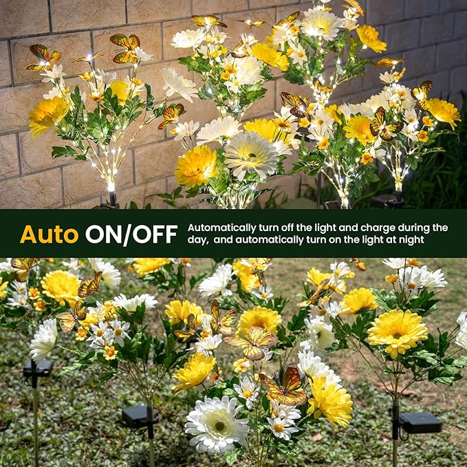 Solar Garden Light 6 Packs, 120 LEDs Outdoor Solar Lighting with Daisy and Butterfly, Waterproof Outdoor Garden Light for Patio, Courtyard, Pathway Decoration (Yellow)