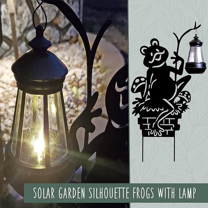 Frogs w/Lamp Solar Garden Stakes (2-Pack); Set of 2 Lawn Ornament Metal Silhouettes with Solar-Rechargeable Lanterns