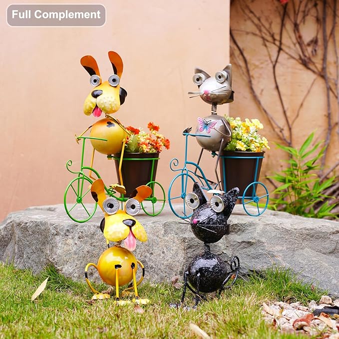 Dog Solar Lights Outdoor Cycling Plant Stand,Yard Art Metal Dog Statues,Outdoor Funny Statue for Garden Decor Yard Lawn Ornaments