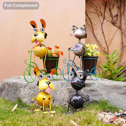 Dog Solar Lights Outdoor Cycling Plant Stand,Yard Art Metal Dog Statues,Outdoor Funny Statue for Garden Decor Yard Lawn Ornaments