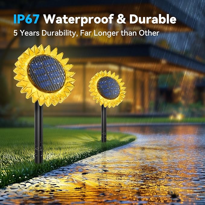 Solar Garden Lights - Upgraded Solar Sunflower Light, Ground/Wall 2 In 1, Solar Outdoor Lights Waterproof IP67,Garden Yard Patio Backyard Pathway Landscape Fence Wall Decoration, Warm White(6 Pack)
