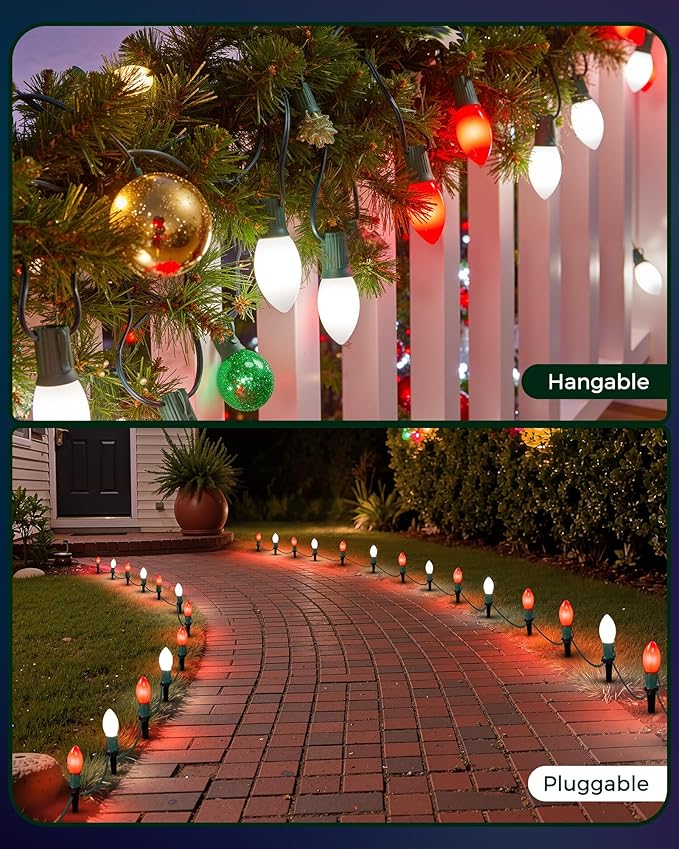 Frosted C9 Christmas Lights Outdoor, 25.7 Ft Christmas Pathway Lights with 20 LED Bulbs and Stakes, Connectable | Lumora